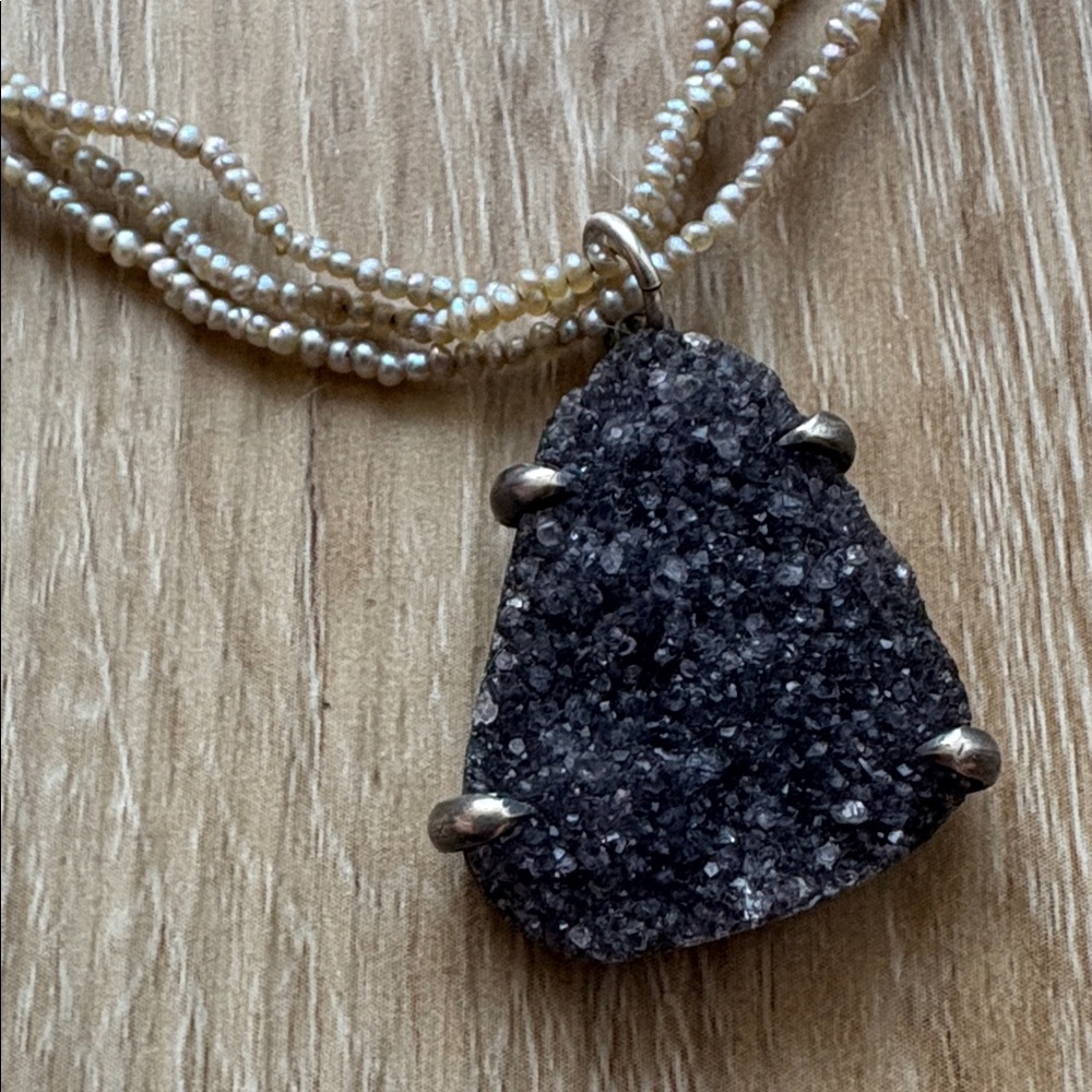 Chan Luu silver, beaded necklace with purple stone pendant